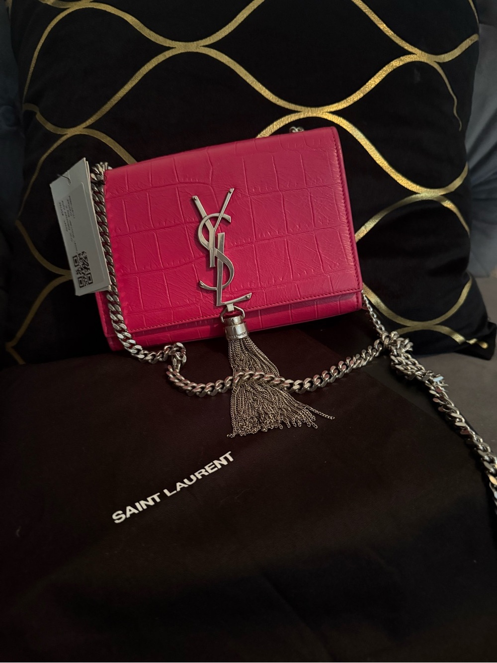 🔥Saint Laurent Fuchsia Croc-Embossed Kate Tassle Bag Small🔥 - Picture 10 of 17